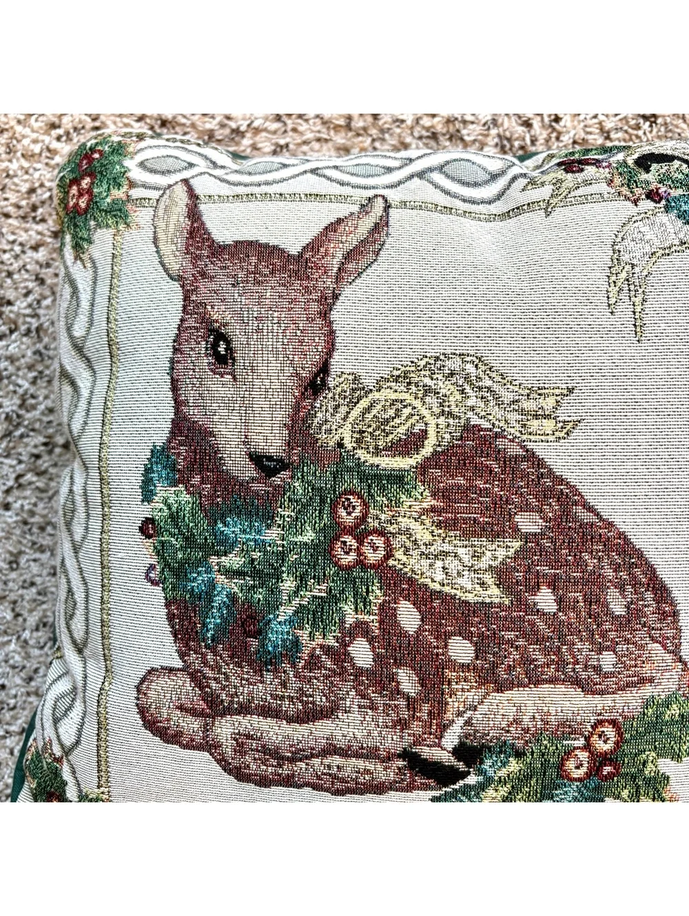 Set of 2 Vintage Christmas Tapestry Throw Pillows Deer Teddy Bear Holiday 16x16